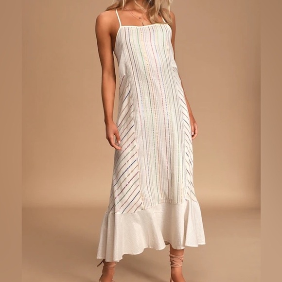 Lulus Dresses & Skirts - [S]Lulus Girl Power Cream Metallic Multi Striped Ruffled Maxi Dress